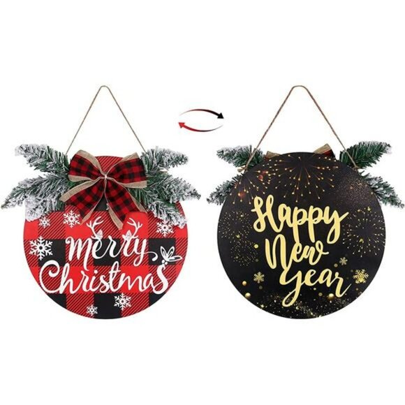 Christmas Buffalo Plaid Wreath Decoration - 1pc Double Sided Wooden - Picture 1 of 7